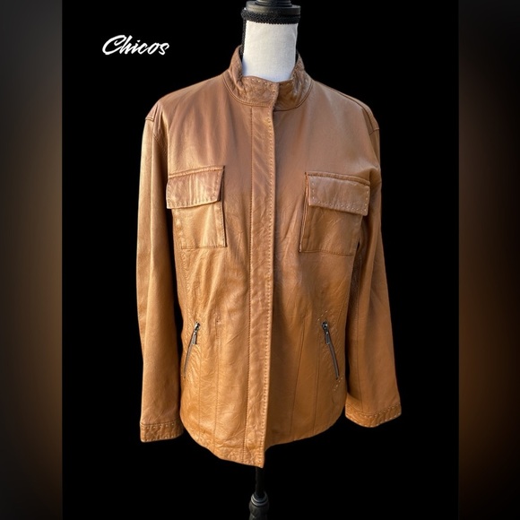 CHICO'S tan Leather Women's Designer Jacket Size M/L - Picture 1 of 10